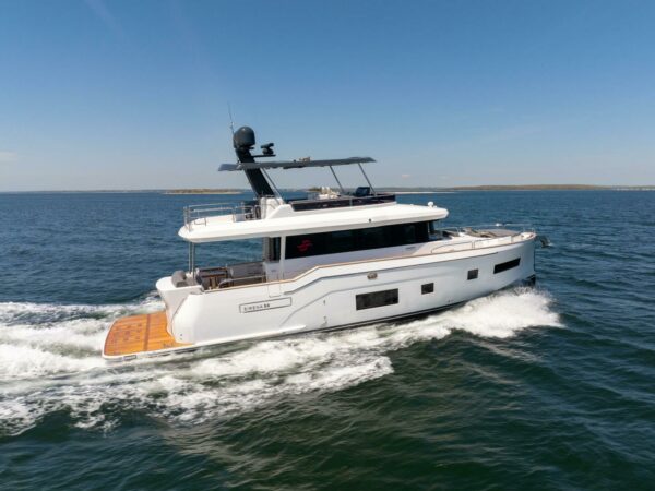 Sirena 58 Flybridge yacht cruising in Casco Bay, Maine.