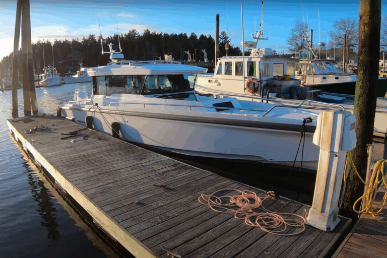 Axopar 37 docked in Northeast Harbor, Maine at sunrise on a calm March morning