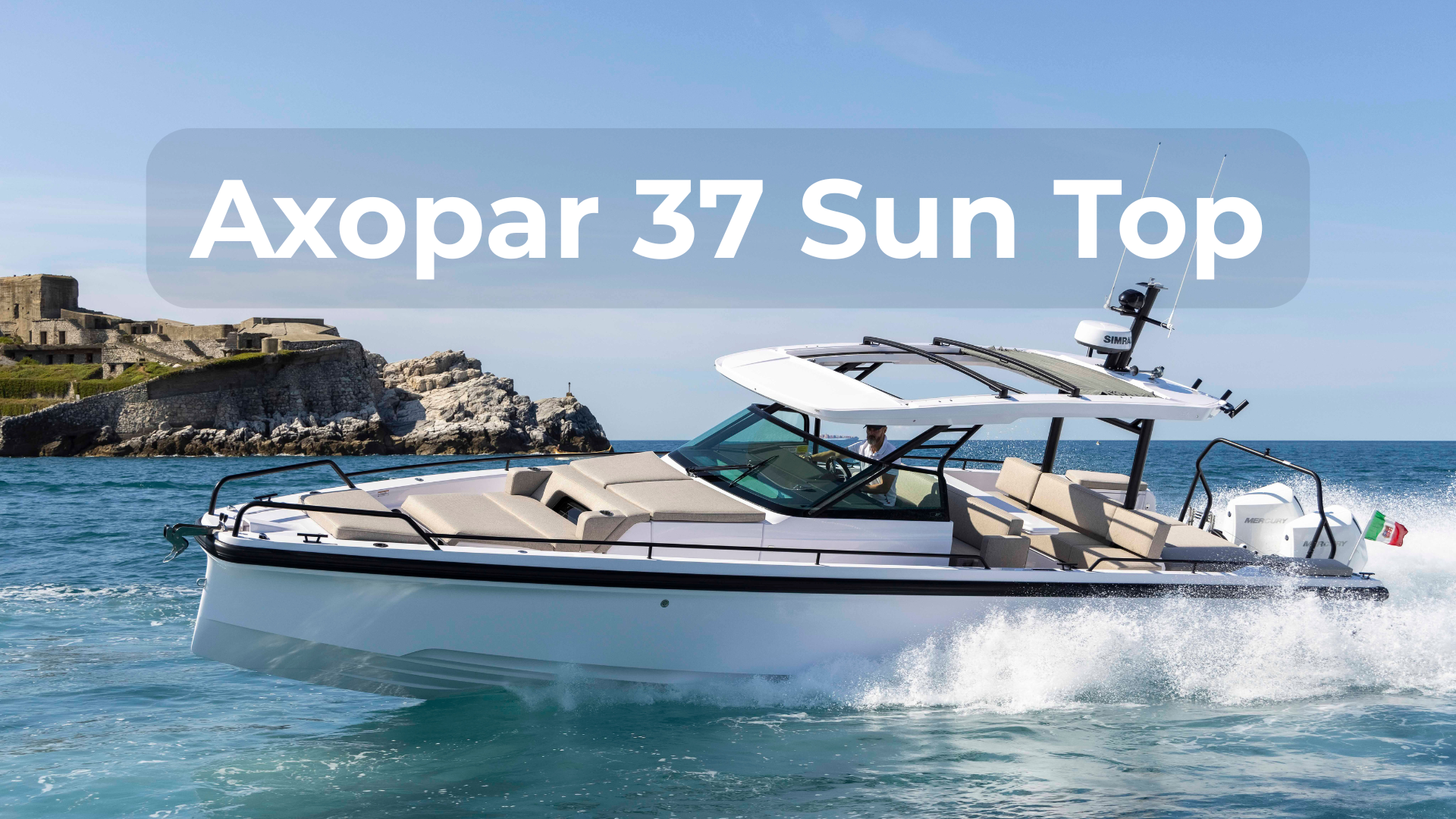 AX 37 Sun Top Discovery Lead (1) Axopar 37 Sun Top with text floating above the boat