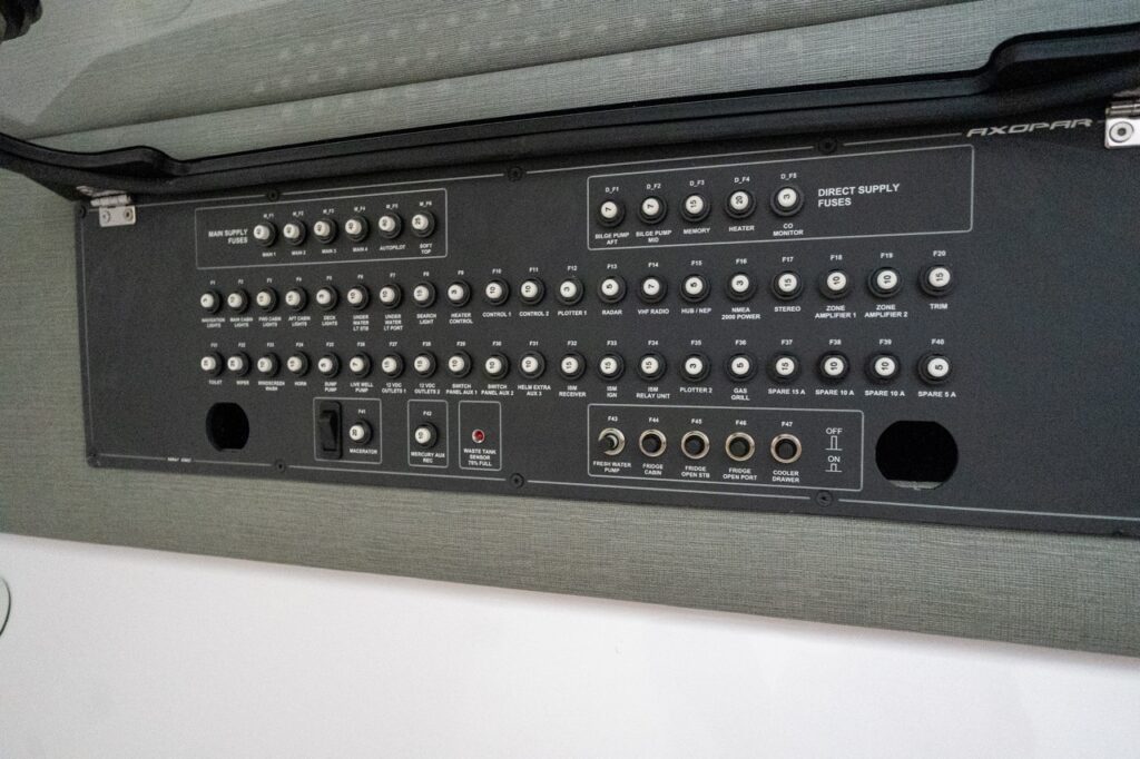 Close-up of the Axopar 37 XC electrical control panel showing labeled rocker switches and fuses for onboard systems.