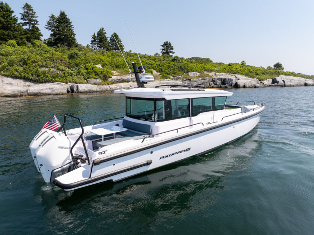 Axopar 37 XC Cross Cabin BRABUS edition Idling in Cove off of Casco Bay, Maine