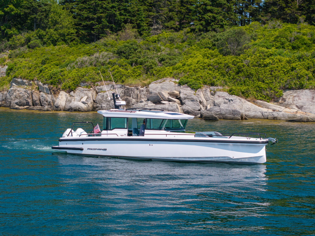 Axopar 37 XC Cross Cabin BRABUS edition Passing Close to an Island in Casco Bay, Maine