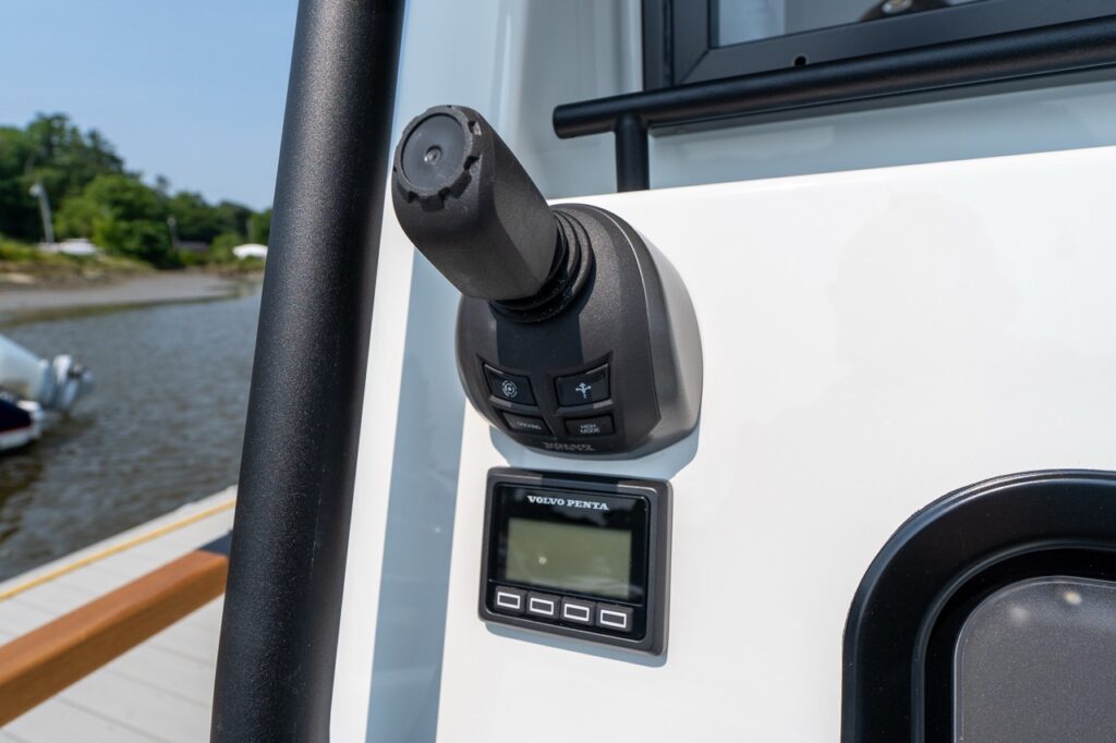 Volvo Penta joystick control mounted at the aft cockpit of the Targa 32, allowing precise low-speed maneuvering from outside the pilot house.