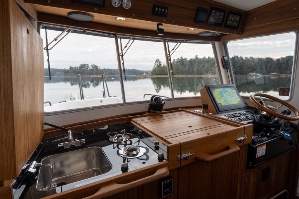 The Targa 32 pilothouse interior showing the galley and helm area, with a stainless-steel sink, two-burner cooktop, teak cabinetry, folding worktop, and the helm with navigation display and wooden steering wheel facing large forward windows.