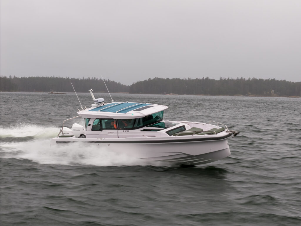 Axopar 38 running at speed in the Finnish archipelago during Axopar 38 media day near Helsinki.