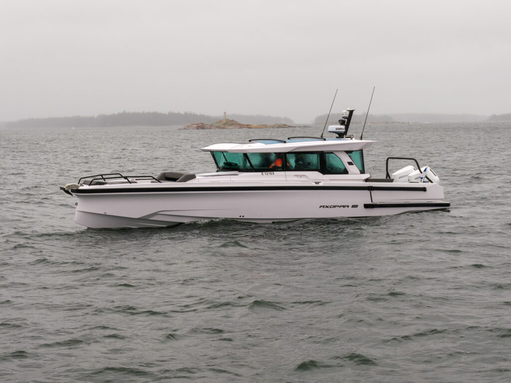 Axopar 38 underway off the coast of Helsinki during Axopar 38 media day, shown cruising in open water conditions.