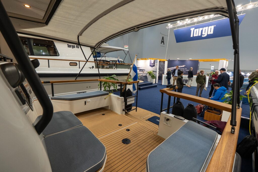 Carbon Sky cockpit cushions on the Targa 32, shown in the aft seating area at the 2026 Düsseldorf Boat Show.