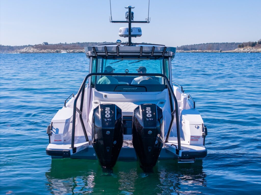 Axopar 29 Cabin Stern View with Twin Mercury 200 V6 Outboards