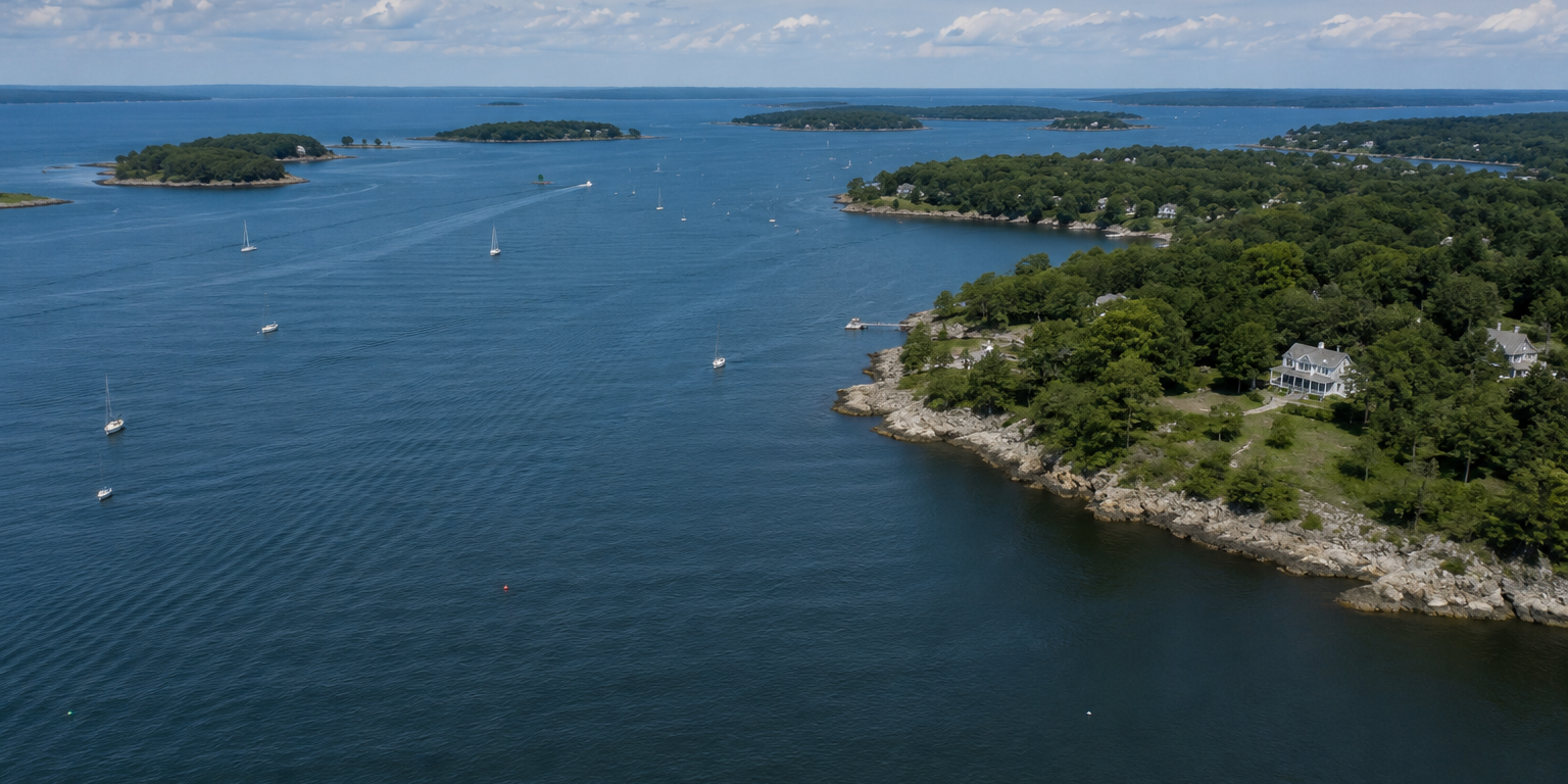 generated drone image of a landscape similar to casco bay maine