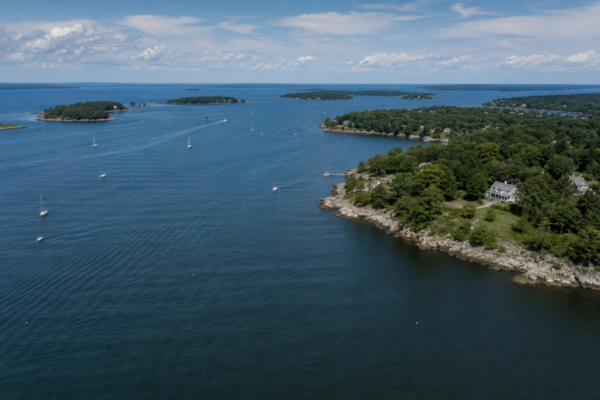 generated drone image of a landscape similar to casco bay maine